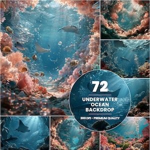 Underwater Ocean Backdrop Bundle, Coral Reef & Manta Ray (Digital Download)