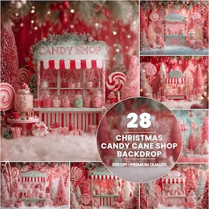 Puede incluir: Un telón de fondo navideño de una tienda de caramelos con un toldo a rayas rojas y blancas y estantes llenos de tarros de caramelos de colores. La escena incluye piruletas, bastones de caramelo y árboles de Navidad en miniatura. El texto "CANDY SHOP" es visible.