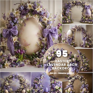 May include: An Easter backdrop with a large egg shape surrounded by purple and white flowers, and gingham bows. The image includes a circular graphic with the text "95 EASTER LAVENDAR ARCH BACKDROP".