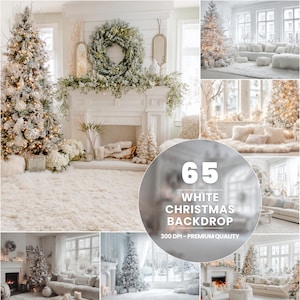 May include: A collection of six images displaying white Christmas backdrops. The scenes include decorated Christmas trees, comfortable living rooms with white furnishings, and festive decorations. The text "65 WHITE CHRISTMAS BACKDROP" is visible.