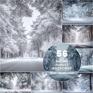Peut inclure: Un collage de scènes de forêt enneigée. Les images présentent des arbres couverts de neige bordant une route, créant un paysage hivernal. Un graphique circulaire central indique "56 Snowy Forest Backdrop" et "300 DPI - Premium Quality."