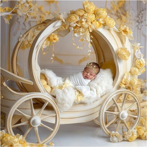 Newborn Digital Background, Yellow Princess Cart, Flower Pram, Fine Art  Photography Backdrop, Photography overlays, Creative Composite