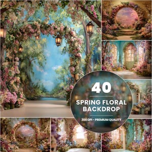 May include: A collection of 40 spring floral backdrops. The images showcase abundant floral arrangements, archways, and scenic backgrounds with soft lighting. The backdrops are suitable for photography and creative projects.