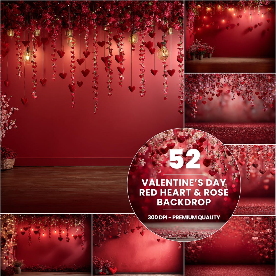 Romantic Red Heart Valentine's Day Backdrop, Rose Floral Love Decor ...
