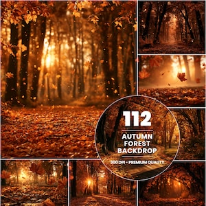 May include: A digital collection of 112 autumn forest backdrops featuring orange and brown fallen leaves, sunlit woodland paths, and trees. The circular overlay displays the text 112 AUTUMN FOREST BACKDROP 300 DPI - PREMIUM QUALITY.