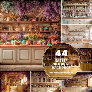 May include: A collage of images featuring a kitchen decorated for Easter. The kitchen has wooden shelves filled with vases, flowers, and Easter eggs. The text "44 Easter Kitchen Backdrop" is visible.
