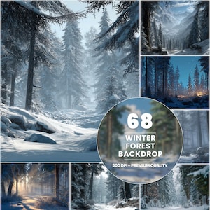 Könnte beinhalten: Eine Collage von Winterwaldszenen. Die Bilder zeigen schneebedeckte Bäume, Pfade und Berge. Ein zentrales kreisförmiges Grafik-Element zeigt "68 Winter Forest Backdrop 300 DPI - Premium Quality."
