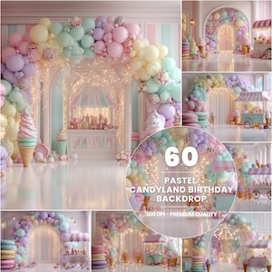 Könnte beinhalten: Ein pastellfarbener Hintergrund mit dem Thema Candyland-Geburtstag. Das Bild zeigt Bögen, die mit Ballons in Pastellfarben, Eiswaffeln und einem Süßigkeitenwagen geschmückt sind. Der Text auf dem Bild lautet "60 Pastel Candyland Birthday Backdrop".