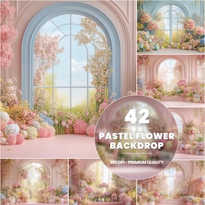 May include: A digital backdrop featuring 42 pastel flower arrangements with a window view. The backdrop is perfect for photography and digital art.