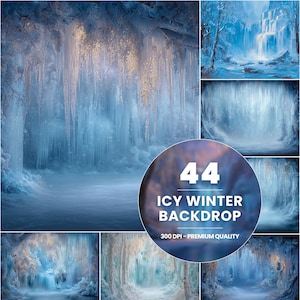 May include: A collage of winter landscape images with a blue and white color scheme. The images include waterfalls, icy formations, and snowy scenes. A circular graphic reads "44 Icy Winter Backdrop" and "300 DPI - Premium Quality."