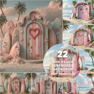Könnte beinhalten: Eine digitale Hintergrundkollektion mit einer Strandszene, einer Holztür mit Herz- und Seesternmotiv, umgeben von rosa und blauen Surfbrettern, Palmen und Sand. Der Text 22 PINK BEACH SURFBOARD BACKDROP ist auf dem Bild zu sehen.