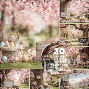 May include: Easter backdrops with pastel eggs, baskets, and cherry blossom trees in bloom. The images include signs that say "Happy Easter". The backdrop is 300 DPI and premium quality.