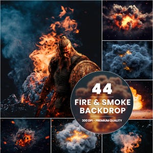 Pode incluir: Composição de arte digital com um guerreiro com escudo em meio a fogo e fumaça. A imagem inclui um gráfico circular com o texto "44 FIRE & SMOKE BACKDROP" e "300 DPI - PREMIUM QUALITY". O tema é fantasia e ação.