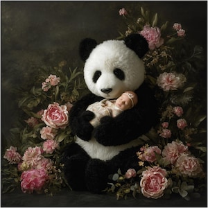 Op de afbeelding: Een pasgeboren baby, gewikkeld in een crèmekleurige deken en met een hoofdband, wordt vastgehouden door een groot panda beer knuffel. De achtergrond bevat roze pioenrozen en groen, wat een zachte, bloemrijke setting creëert. De panda is zwart en wit.