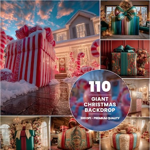 May include: A Christmas-themed backdrop with large, decorative gift boxes in red and white stripes, adorned with bows. The scene includes candy cane decorations and a house illuminated with festive lights, creating a joyful holiday atmosphere.