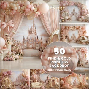 Op de afbeelding: Een samengestelde afbeelding met een prinsessenthema-achtergrond met een kasteel, koets en ballonnen in roze en gouden tinten. De tekst luidt "50 Pink & Gold Princess Backdrop" en "300 DPI - Premium Quality."