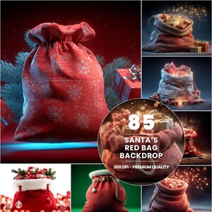 Könnte beinhalten: Eine Sammlung von Bildern mit Hintergründen von Santa's rotem Sack. Das Hauptbild zeigt einen großen roten Sack mit Schneeflockenmustern, umgeben von Geschenken und festlichen Dekorationen. Der Text "SANTA'S RED BAG BACKDROP" ist sichtbar.