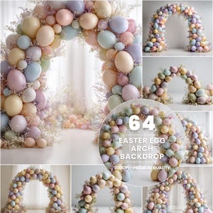 May include: A pastel-coloured Easter egg arch backdrop. The arch is made of various sized eggs in shades of pink, yellow, blue, and green, with delicate white floral accents. The text "64 Easter Egg Arch Backdrop" is visible.