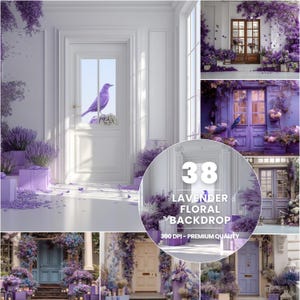 May include: A collage of images featuring doors and entrances adorned with lavender and floral arrangements. A central image shows a white door with a purple bird perched on a stone. The text "38 LAVENDER FLORAL BACKDROP" is displayed.