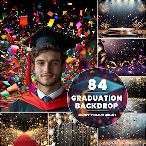 May include: A set of 84 graduation backdrop images. The images feature a variety of colourful confetti, balloons, and other celebratory elements. The images are perfect for creating a festive atmosphere for your graduation party.