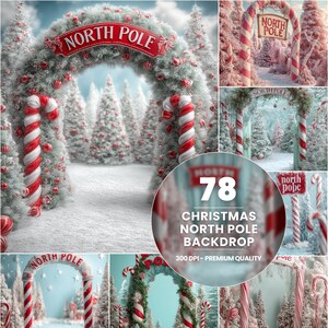May include: A festive Christmas backdrop featuring a North Pole archway with candy cane columns and a sign. The arch is decorated with red ornaments and greenery. The background shows snow-covered trees, creating a winter wonderland scene.