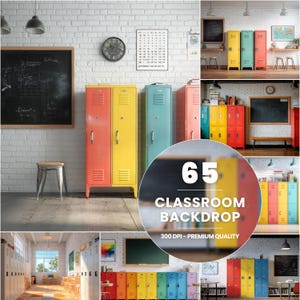 Pode incluir: Uma coleção de cacifos coloridos num ambiente de sala de aula. Os cacifos são de várias cores, incluindo vermelho, amarelo e azul. Um quadro-negro, um relógio e um calendário também são visíveis. A imagem tem o texto "65 CLASSROOM BACKDROP".