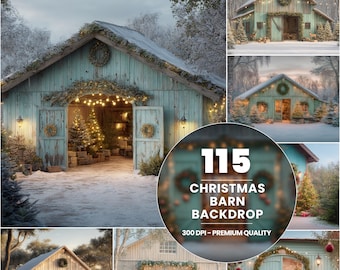 Puede incluir: Imágenes de un granero turquesa decorado para Navidad. El granero está adornado con coronas, luces y árboles de Navidad. El texto "115 CHRISTMAS BARN BACKDROP" se muestra en el centro, con "300 DPI - PREMIUM QUALITY" debajo.