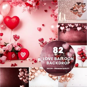 82 Valentine&#39;s Day Balloon Digital Backdrop: Pink & Red Hearts (Digital Download)