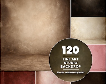 Pode incluir: Uma coleção de 120 fundos de estúdio de arte com várias superfícies texturizadas em tons de marrom, preto, bege, vermelho e rosa. A sobreposição circular exibe o texto 120 FINE ART STUDIO BACKDROP 300 DPI - PREMIUM QUALITY.