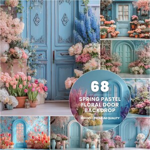 Vårblommig dörrbakgrund, pastellblå trädgård (digital nedladdning 300 DPI JPG-fil)