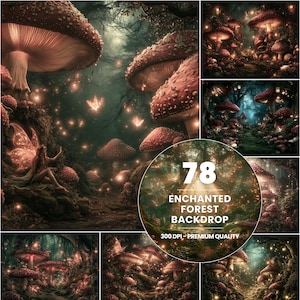 Può includere: Una collezione digitale di 78 sfondi di foresta incantata con grandi funghi rossi, luci fatate e una figura alata in un bosco scuro. Il testo 78 ENCHANTED FOREST BACKDROP 300 DPI - PREMIUM QUALITY è visibile.