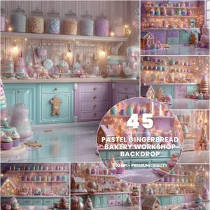 May include: A pastel-themed gingerbread bakery workshop backdrop with a variety of sweets and treats. The image features shelves filled with jars of colorful candies, gingerbread houses, and cupcakes. The text "45 PASTEL GINGERBREAD BAKERY WORKSHOP BACKDROP" is visible.