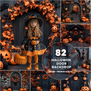 Może przedstawiać: 82 Tło drzwi na Halloween - 300 DPI - Jakość premium. Cyfrowe tło przedstawiające czarne drzwi z pomarańczowymi i czarnymi dekoracjami na Halloween, w tym dyniami, liśćmi i czarownicą.