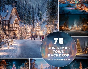 75 Christmas Town Backdrops: Snowy Winter Village (300 DPI Digital Download)