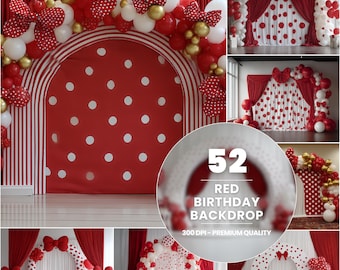 Könnte beinhalten: Ein roter und weißer Polka-Dot-Hintergrund mit einem passenden Torbogen, verziert mit roten Schleifen und Luftballons. Das Bild enthält den Text "52 RED BIRTHDAY BACKDROP" und "300 DPI - PREMIUM QUALITY".