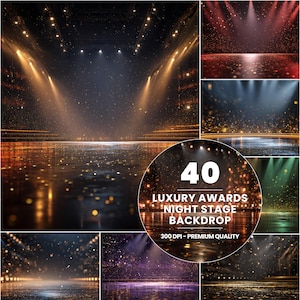 May include: A composite image showcasing 40 luxury awards night stage backdrops. The main image features a stage with golden lighting and a reflective floor. Additional images display variations in color and lighting, including red, blue, and green hues. The text "40 Luxury Awards Night Stage Backdrop" is visible.