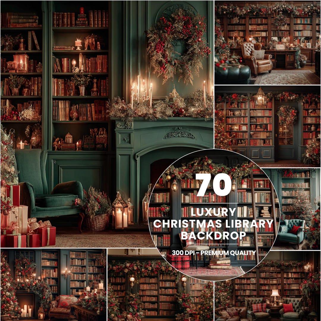 Elegant Christmas Library Backdrop, Fireplace Book Room (digital ...