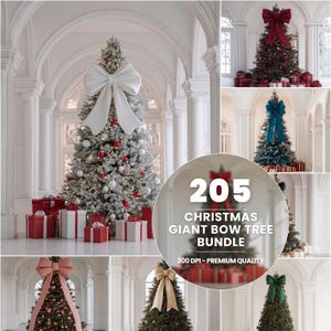 Puede incluir: Una colección de árboles de Navidad decorados con lazos grandes en varios colores, incluyendo blanco, rojo y verde azulado. Los árboles están adornados con adornos y rodeados de regalos envueltos. La imagen incluye el texto "205 Christmas Giant Bow Tree Bundle."