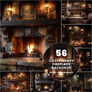 May include: A collage of images featuring cozy library fireplace backdrops. The main image shows a stone fireplace with a roaring fire, flanked by stacks of books and lit by lamps. The text "56 COZY LIBRARY FIREPLACE BACKDROP" is visible.