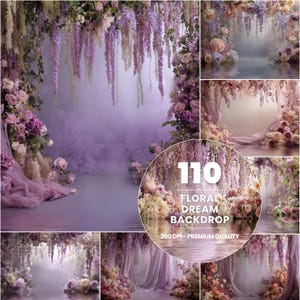 May include: A collection of floral dream backdrops in shades of purple, pink, and white. The backdrops feature cascading wisteria, roses, and other flowers, with a water reflection effect. The text "110 Floral Dream Backdrop" is visible.