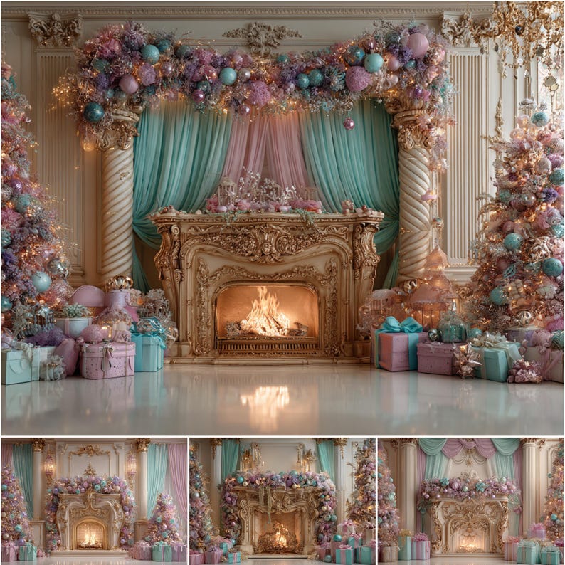 60 Pastel Christmas Fireplace Backdrops, Elegant Holiday Room (digital ...
