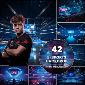 Pode incluir: Uma colagem de imagens que mostram 42 cenários de e-sports. Os cenários apresentam um grande palco com iluminação azul e vermelha, uma grande tela e uma multidão de pessoas. Os cenários são projetados para uso em eventos e torneios de e-sports.