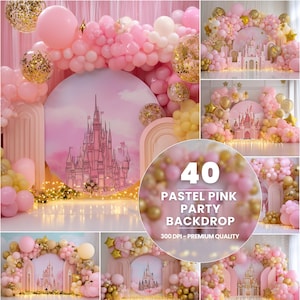 May include: A set of 40 pastel pink party backdrop images featuring a pink castle, balloons, and arches. The images are 300 DPI and of premium quality.