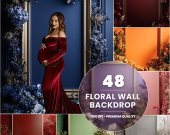 May include: 48 floral wall backdrop digital backgrounds. The backgrounds feature a variety of colours and floral arrangements. The backgrounds are 300 DPI and are of premium quality.