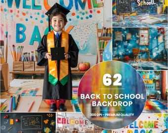 May include: A collage of images with a back-to-school theme. A child in a graduation gown stands in front of a banner that says "Welcome Back." Other images include a chalkboard, school supplies, and the text "Back to School Backdrop."