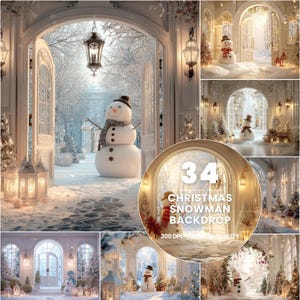 May include: A composite image featuring a snowman in a winter wonderland setting. The main image shows a large snowman with a hat and scarf. The image also includes text that reads "34 Christmas Snowman Backdrop 300 DPI Premium Quality."
