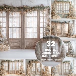 Puede incluir: Imagen compuesta que muestra un telón de fondo navideño rústico. El telón de fondo presenta puertas de madera desgastadas con múltiples paneles de ventanas, adornadas con guirnaldas festivas, árboles de Navidad y regalos envueltos. El texto dice "32 RUSTIC CHRISTMAS BACKDROP 300 DPI - PREMIUM QUALITY."