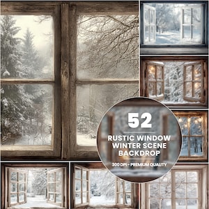 Peut inclure: Une collection de 52 arrière-plans de scènes d'hiver avec des fenêtres rustiques. Les fenêtres sont en bois vieilli, encadrant des paysages hivernaux enneigés. Le texte sur l'image indique "52 RUSTIC WINDOW WINTER SCENE BACKDROP 300 DPI - PREMIUM QUALITY."