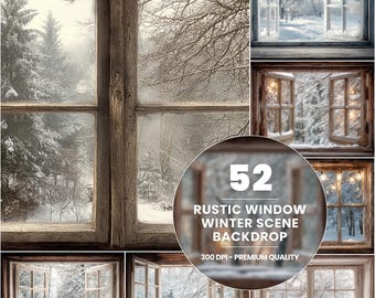 May include: A collection of 52 rustic window winter scene backdrops. The windows are made of weathered wood, framing snowy winter landscapes. The text on the image reads "52 RUSTIC WINDOW WINTER SCENE BACKDROP 300 DPI - PREMIUM QUALITY."