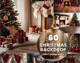 60 Christmas Photo Backdrops: Family Portrait Photography Overlays (Digital Download)